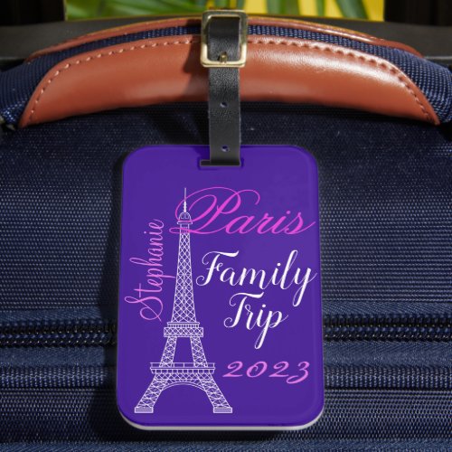 Chic Purple Paris Eiffel Tower Family Trip Luggage Tag