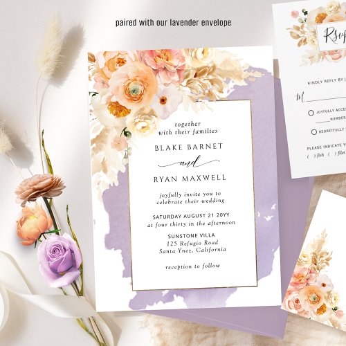 Chic Purple Peach Blush and Cream Floral Wedding Invitation