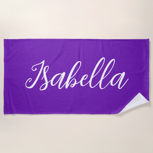 Chic Purple Personalized Name Handwritten Script Beach Towel (Front)
