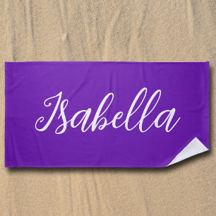 Chic Purple Personalized Name Handwritten Script Beach Towel