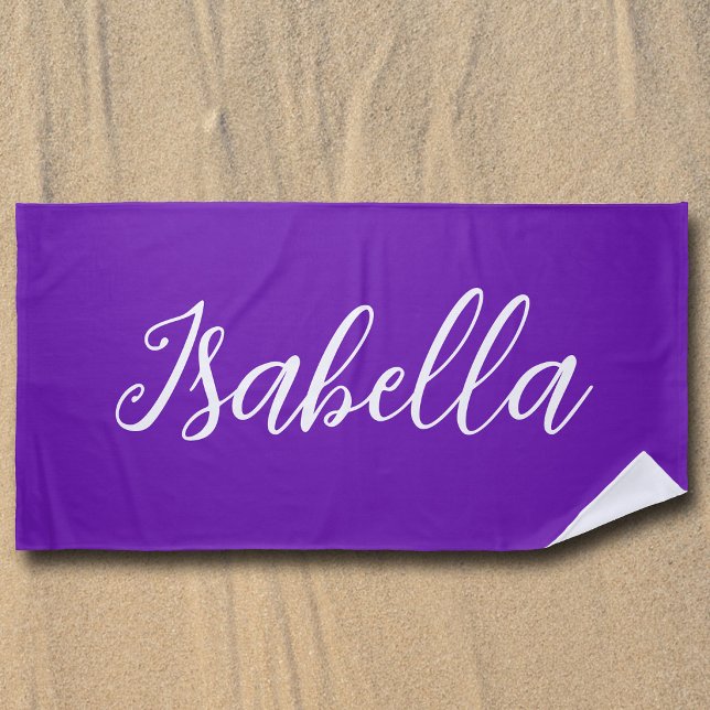 Chic Purple Personalized Name Handwritten Script Beach Towel (Creator Uploaded)