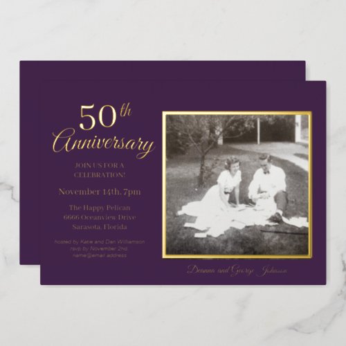 Chic Purple Photo 50th Anniversary Gold Foil Invitation