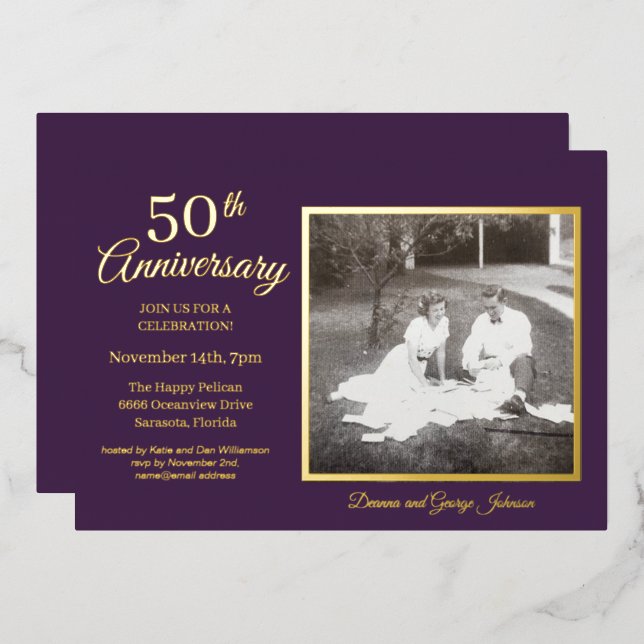 Chic Purple Photo 50th Anniversary Gold Foil Invitation (Front/Back)