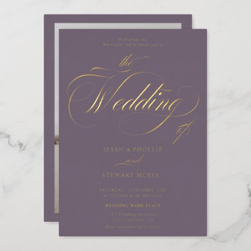 Chic purple photo calligraphy wedding gold foil invitation
