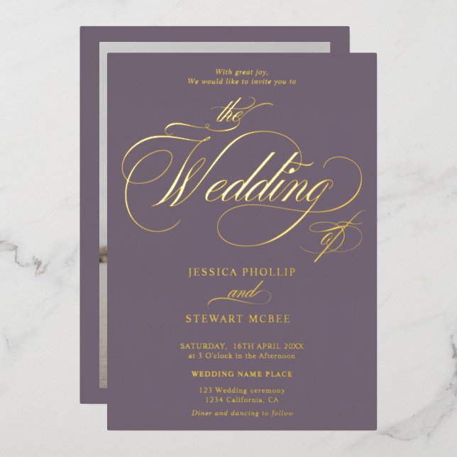 Chic purple photo calligraphy wedding gold foil invitation (Front/Back)