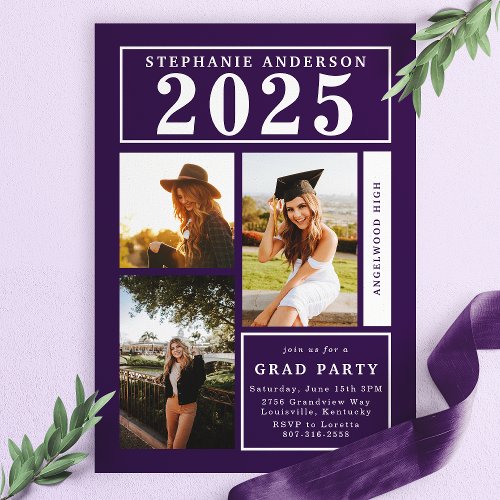 Chic Purple Photo Collage Graduation Party Invitation