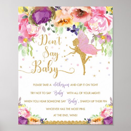 Chic Purple Pink Floral Fairy Dont Say Baby Game Poster