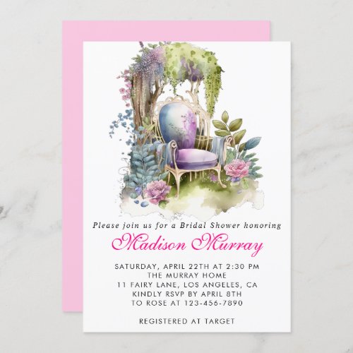 Chic Purple Pink Floral Garden Chair Bridal Shower Invitation