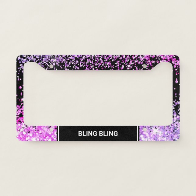 Chic Purple Pink Glitter Confetti Monogram Black License Plate Frame (Front)