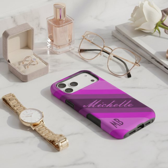 Chic Purple & Pink Gradient Stripes Custom Name Case-Mate iPhone Case (Creator Uploaded)