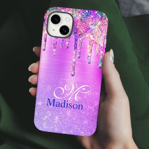 Chic purple pink ombre glitter drips monogram note Case_Mate iPhone 14 case