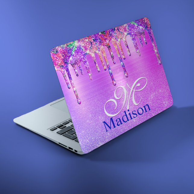 Chic purple pink ombre glitter drips monogram note HP laptop skin (Creator Uploaded)