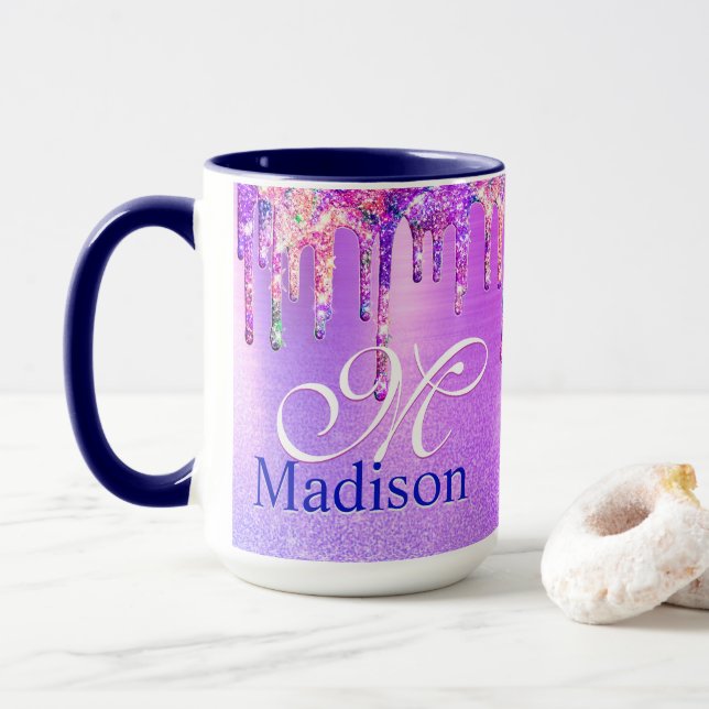 Chic purple pink ombre glitter drips monogram note mug (With Donut)