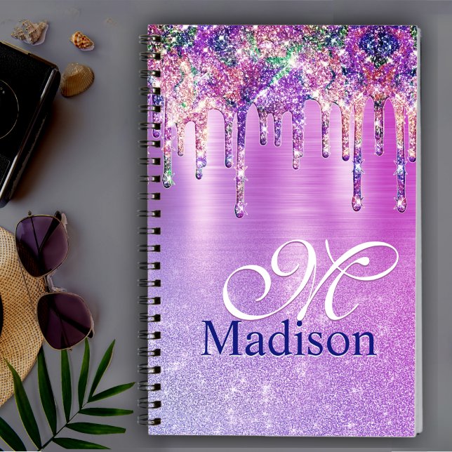 Chic purple pink ombre glitter drips monogram note notebook (Creator Uploaded)