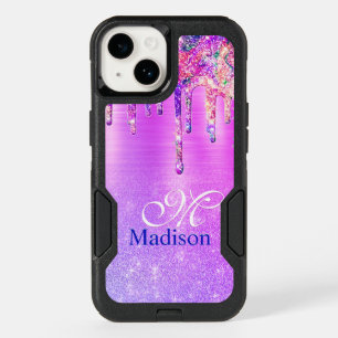 Chic purple pink ombre glitter drips monogram note OtterBox iPhone 14 case