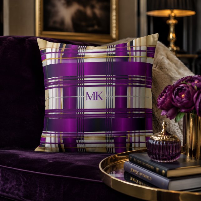 Chic Purple Plaid Personalized Throw Pillow (Classic Purple Plaid Monogrammed Decorative Throw Pillow )