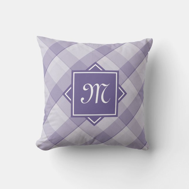 Chic Purple Plaid With Modern Diagonal Monogram Throw Pillow (Front)