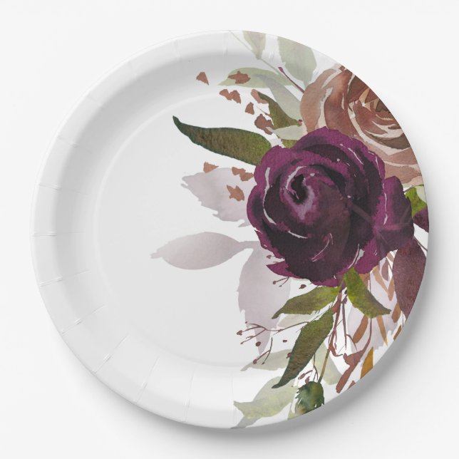 Chic Purple Plum and Gold Floral Wedding  Paper Plates (Front)