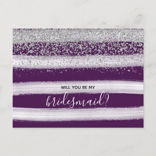 Chic Purple Plum  Silver Be My Bridesmaid Invitation Postcard