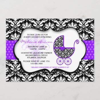 Chic Purple Polka Dot Damask Baby Shower Invite by TreasureTheMoments at Zazzle