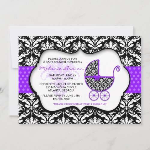 Chic Purple Polka Dot Damask Baby Shower Invite