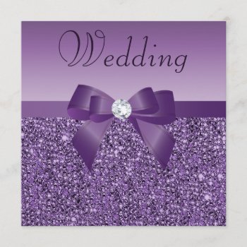 Chic Purple Printed Sequins Bow & Diamond Wedding Invitation by AJ_Graphics at Zazzle