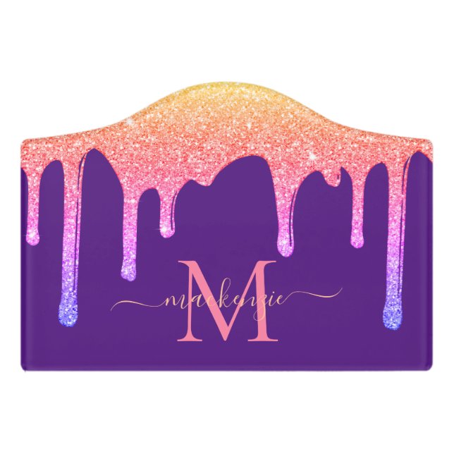 Chic Purple Rainbow Glitter Drips Monogram Door Sign (Small Crest Front)