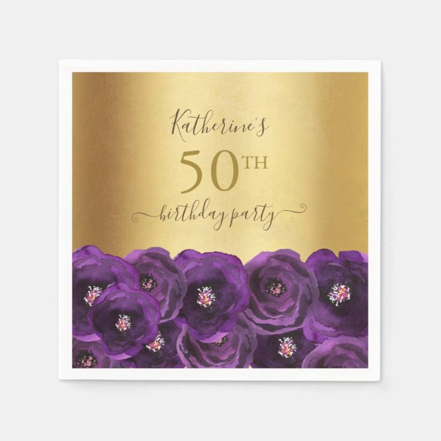 Chic Purple Rose Floral Gold 50th Birthday Party Napkins (Front)