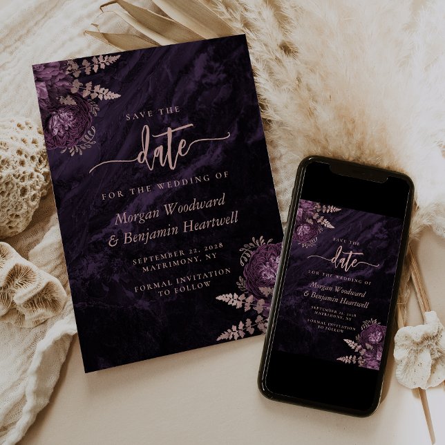 Chic Purple Rose Gold Floral Wedding Save the Date Invitation (Creator Uploaded)