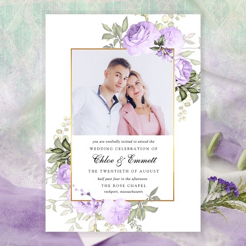 Chic Purple Rose Rustic Floral Wedding Photo Invitation