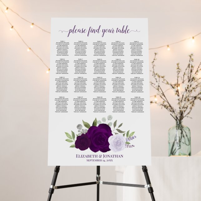 Chic Purple Roses 20 Table Wedding Seating Chart Foam Board (In Situ (Stand))