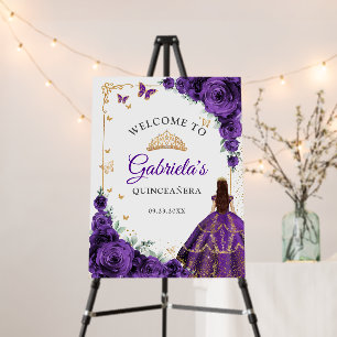 Chic Purple Roses Gold Quinceanera Welcome Foam Board
