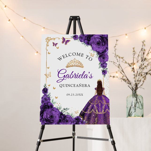 Chic Purple Roses Gold Quinceanera Welcome Foam Board (In Situ (Stand))