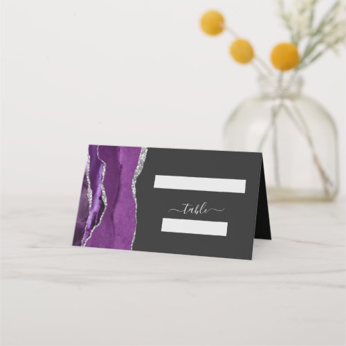 Chic Purple Silver Agate Dark Wedding Place Card