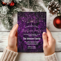 Chic purple silver faux glitter Christmas lights  Invitation