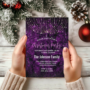 Chic purple silver faux glitter Christmas lights Invitation