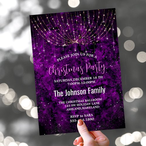 Chic purple silver faux glitter Christmas lights  Invitation
