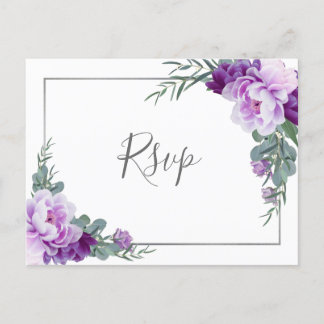Chic Purple Silver Floral Eucalyptus Wedding RSVP Postcard