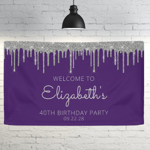 Chic Purple Silver Glitter Drip 40th Birthday Banner
