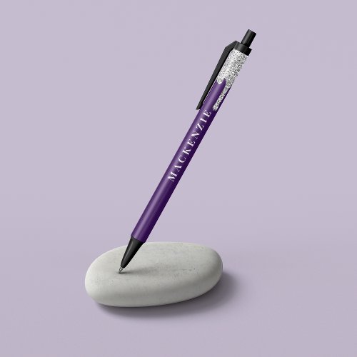 Chic Purple Silver Glitter Dripping Luxury Black Ink Pen