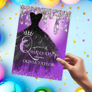 Chic purple silver glitter drips Quinceanera Invitation
