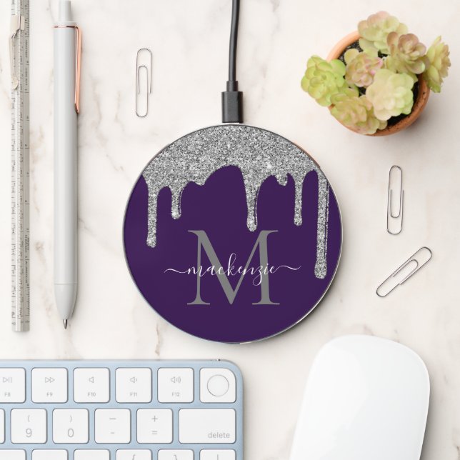 Chic Purple Silver Glitter Drips Sparkle Monogram Wireless Charger (Desk)