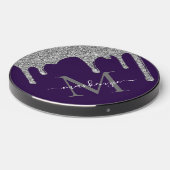 Chic Purple Silver Glitter Drips Sparkle Monogram Wireless Charger (Front 2)