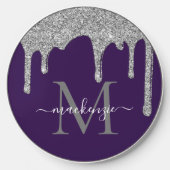 Chic Purple Silver Glitter Drips Sparkle Monogram Wireless Charger (Front)