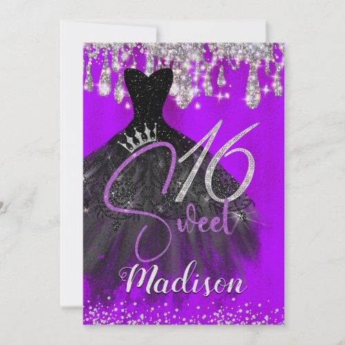 Chic purple silver glitter drips sweet 16 invitation