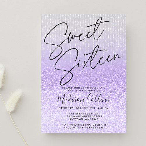 Chic Purple Silver Glitter Sweet 16 Invitation