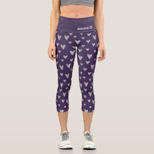 Chic Purple Silver Heart Pattern Personalized Name Capri Leggings