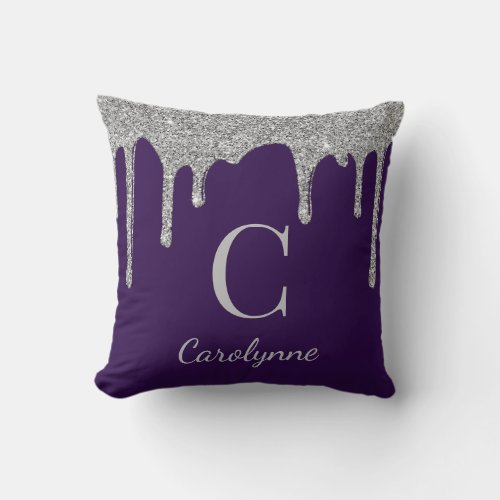 Chic Purple Silver Sparkle Glitter Drips Monogram Throw Pillow