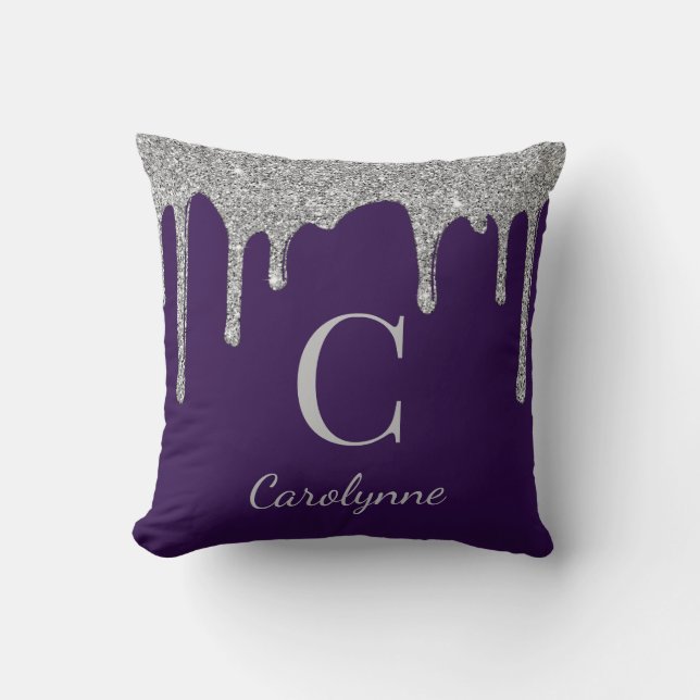 Chic Purple Silver Sparkle Glitter Drips Monogram Throw Pillow (Front)