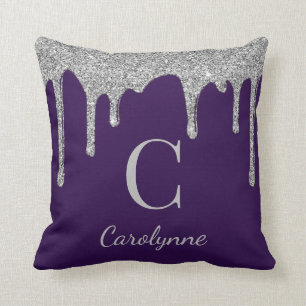 Chic Purple Silver Sparkle Glitter Drips Monogram Throw Pillow